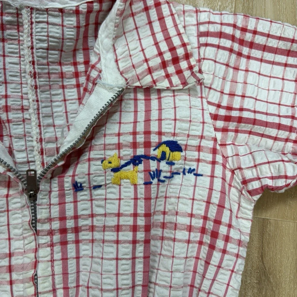 Vintage Baby Romper 12 Month Seersucker Red And White Checkered Zipper 1960s